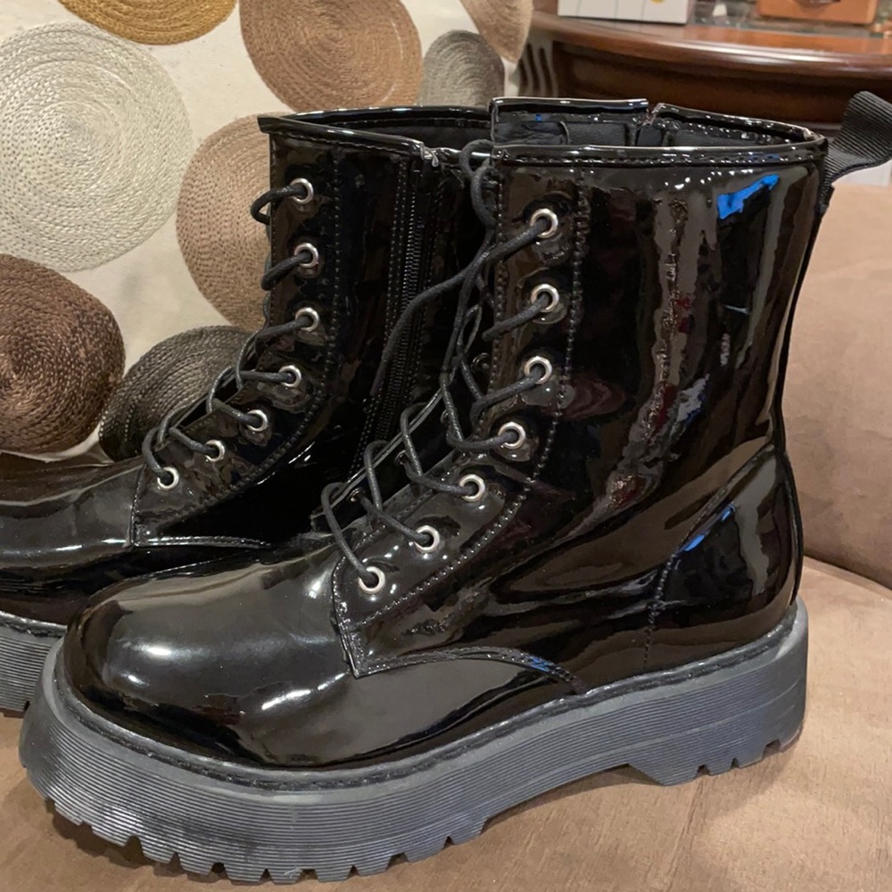 Black Shiny Black Combat Boots Truffle Collection Gem